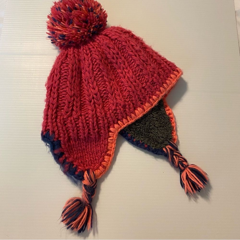 REI sherpa lined fleece cozy chunky knit hot pink tassel ear flap hat girls 7-14